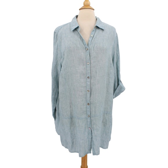 Tahari Linen Shirt Womens 2X Green Roll Tab Sleeves Button Up Tunic Lagenlook - Picture 1 of 11